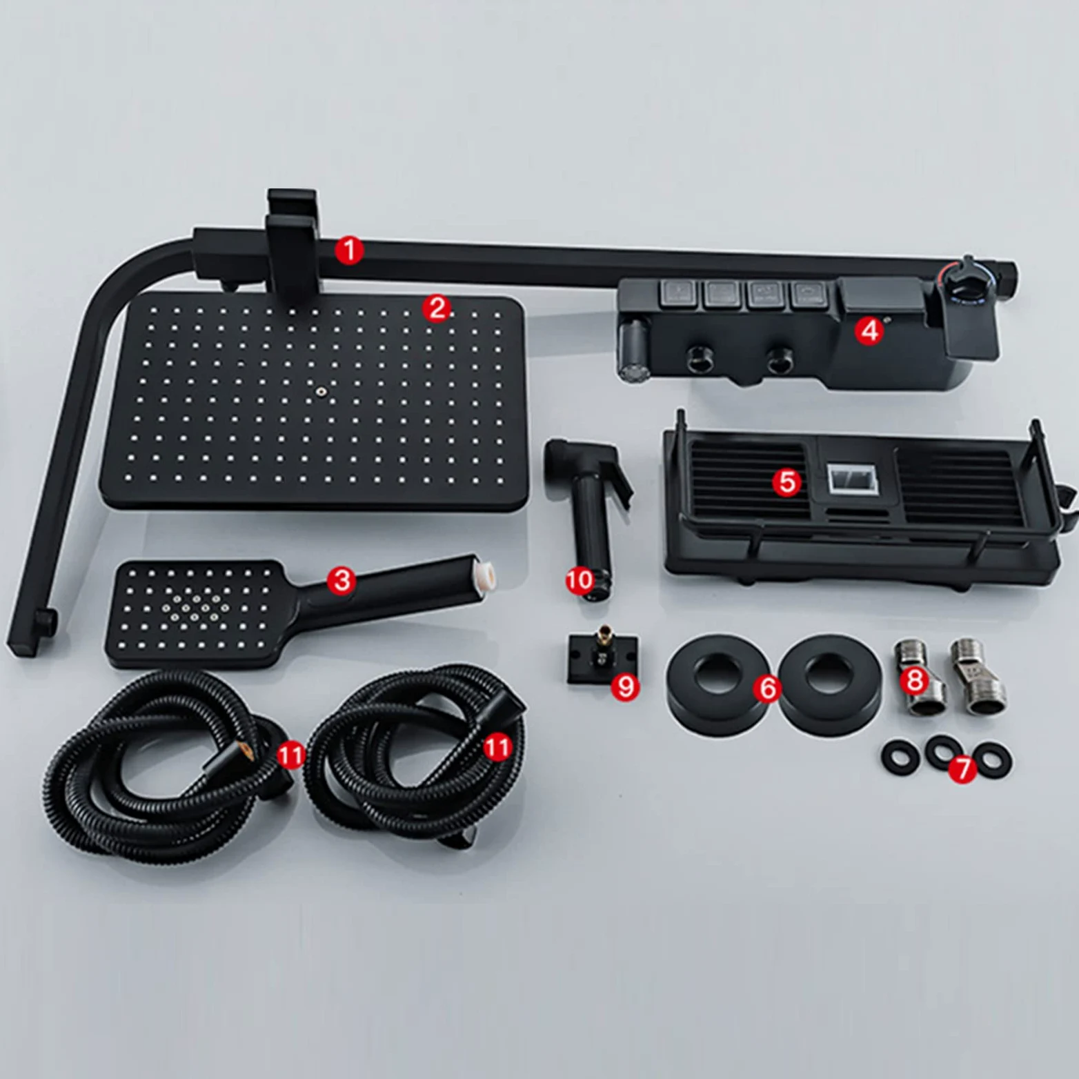 Sistema Doccia Nero con Display Digitale, Set Rubinetto termostatico, Miscelatore in Ottone con soffione a Pioggia, doccetta, doccetta Bidet, beccuccio Vasca, Altezza Doccia Regola