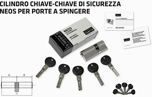 CILINDRO CON 5 CHIAVI PADRONALI UNIVERSALE CHIAVE-CHIAVE DI SICUREZZA-NEOS PER PORTE BLINDATE A SPINGERE MARCA ATRA-DIERRE.MISURE A=30mm.B=50mm. A+B=80mm.Sistema di cifratura a 6 perni in acciaio inox