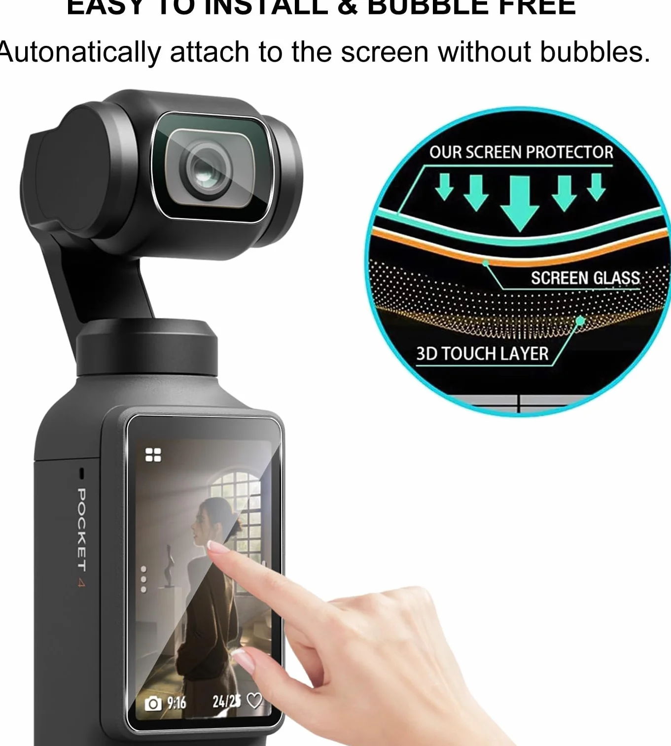 Lutree per DJI Osmo Pocket 4 Vetro Temperato, 2+2 Pezzi Pellicola Protettiva+ Pellicola Fotocamera, Durezza 9H Anti-Graffio HD Senza Bolle Protezione Schermo