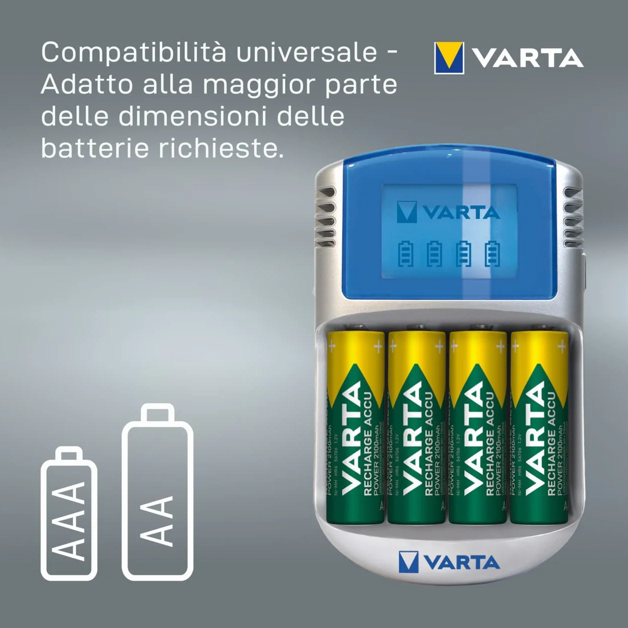 Varta Caricabatterie LCD per AA/AAA con 4 Batterie AA 2600 mAh, Adattatore 12V e Cavo USB Inclusi