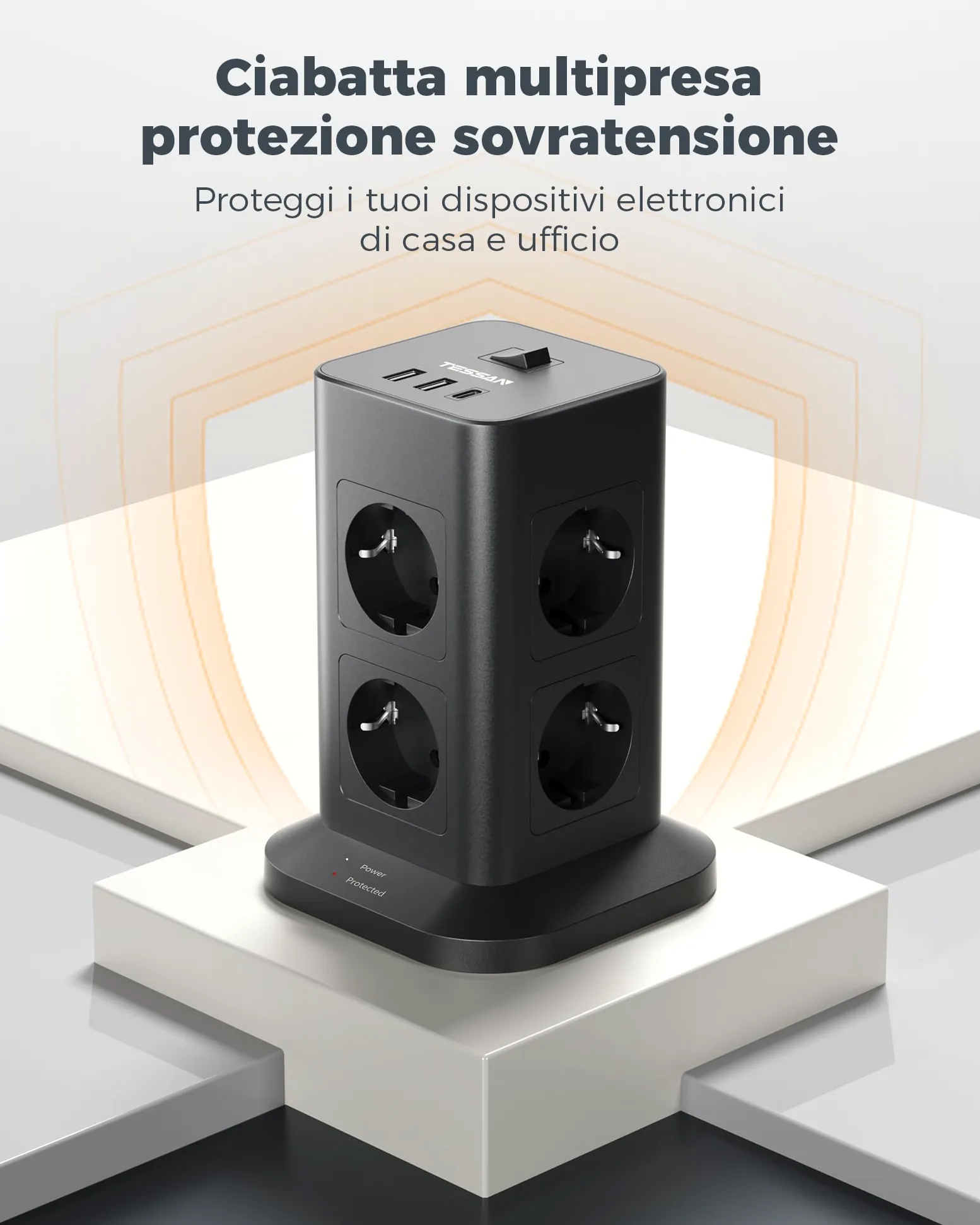 TESSAN 8 Prese Ciabatta Multipresa con USB, Ciabatta Elettrica con Cavo 2M, Torretta Multipresa con Protezione Sovratensione 1700J, Adattatore Prese Elettriche per Casa, Ufficio, Nero