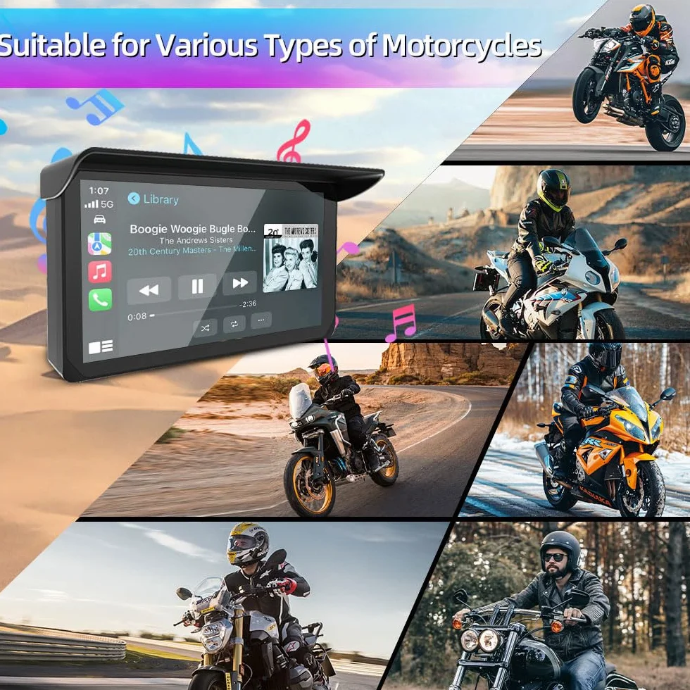 VSYSTO Schermo Carplay per moto, Carplay wireless e Android Auto, touchscreen da 5 pollici, display con indicazione della temperatura e della tensione della batteria,navigazione GPS, assistente vocale
