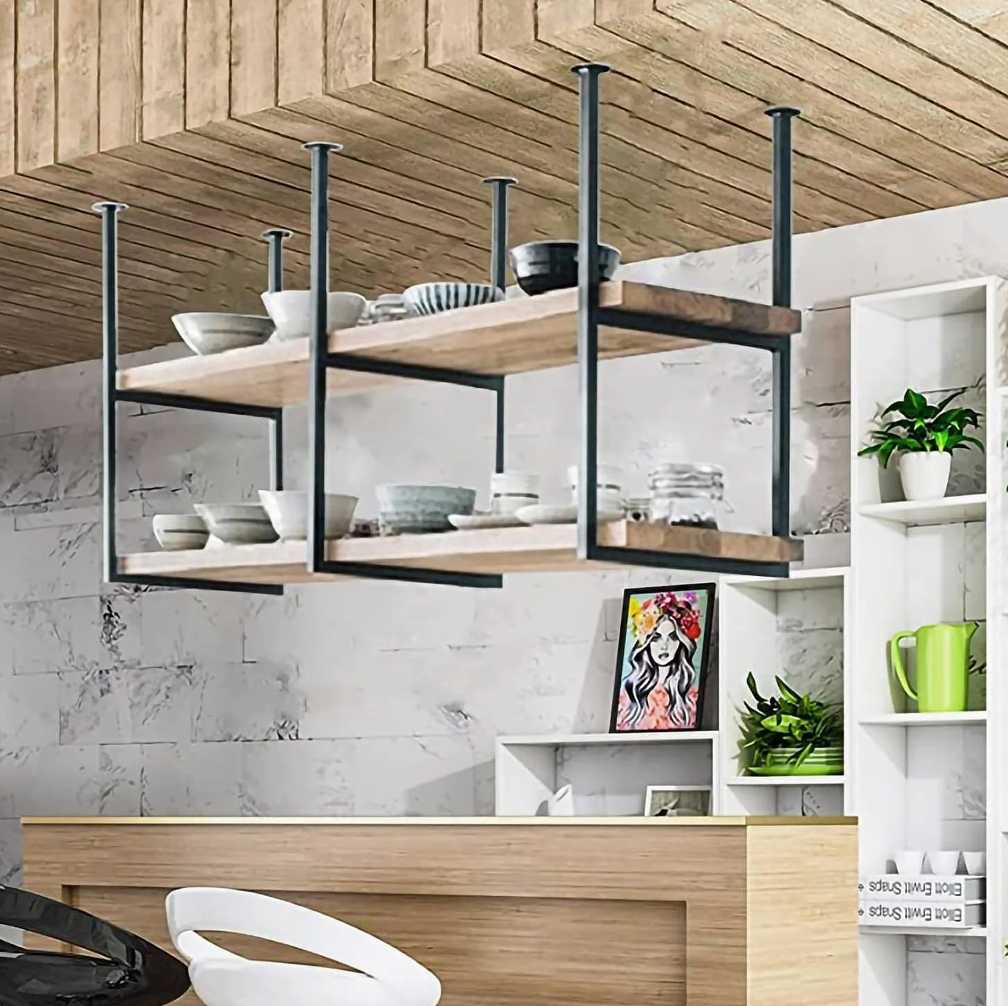 Scaffali di stoccaggio rustici industriali montati a soffitto Mensole da parete galleggianti in legno per garage Soluzioni di nizzazione domestica salvaspazio Eleganti unità di stoccaggio a parete