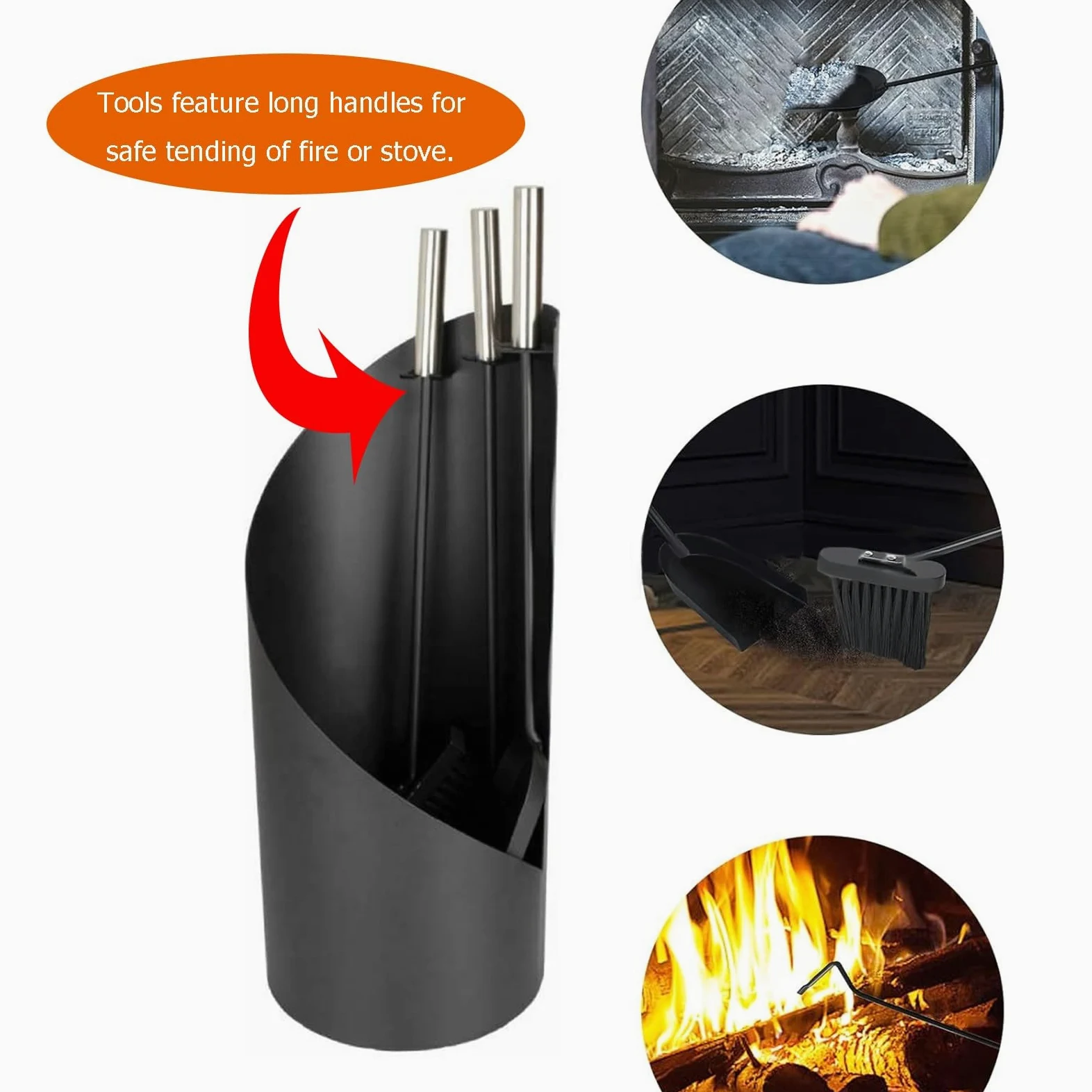 Set di 4 attrezzi per caminetto con attizzatoio, spazzola, pala e supporto, in ferro battuto, resistente al calore, decorazione per la casa e il camino
