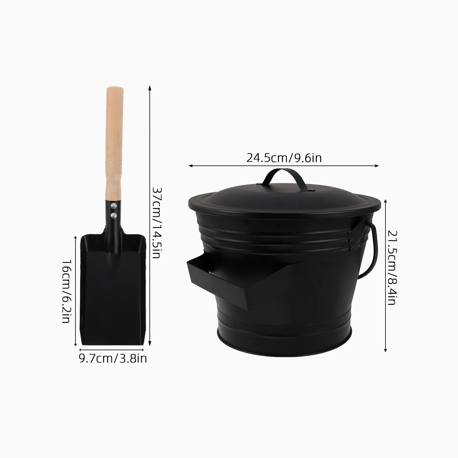 ULTECHNOVO Set Secchio per Cenere della Stufa con Coperchio in Metallo e Pala, Contenitore Resistente al Calore con Maniglia Ergonomica, Kit Utensili per Pulizia Caminetto Uso Interno