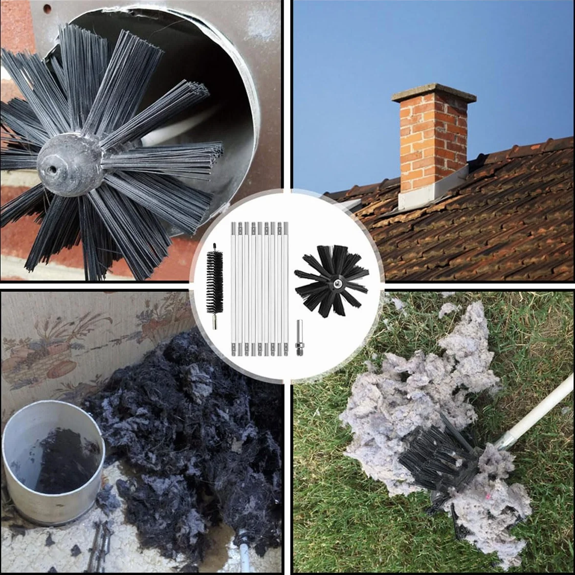 Kit di Pennello per Pulizia del Camino Spazzole per Camini Nylon Rotante Flessibile Spazzola Pulizia con 15 Aste Flessibili 1 Testa Pennello 200mm 1 Testa Pennello 38mm
