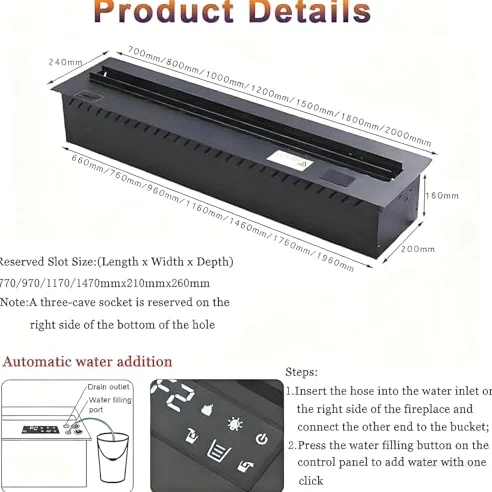 Camino Elettrico con Fiamma Regolabile, Umidificatore, Telecomando App, Riempimento Automatico Acqua, Pannello Ultra-Sottile