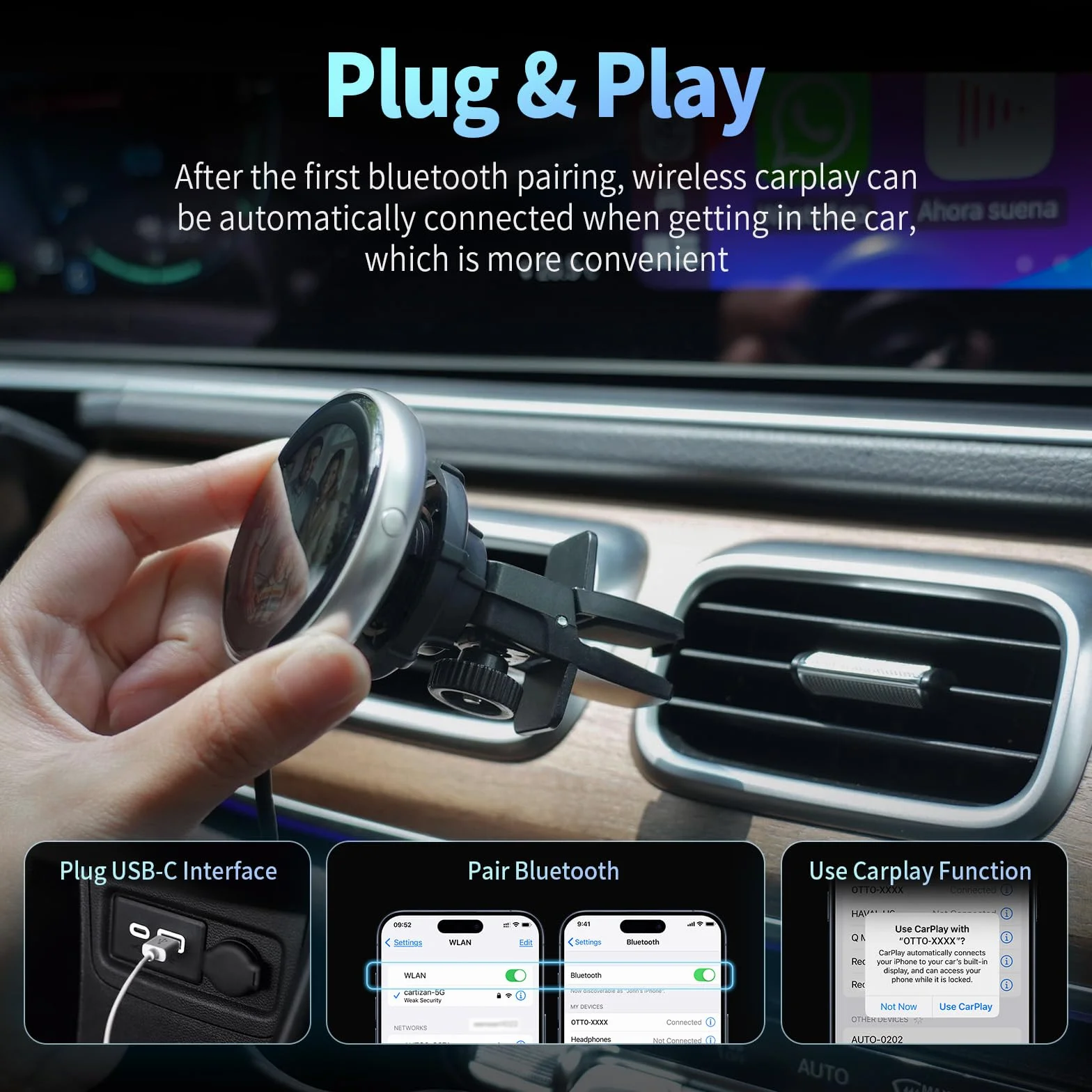 OTTOCAST Adattatore Carplay Wireless Clip, Dongle Wireless CarPlay Plug & Play con Display Elettronico può Mostrare Orologio Immagini Copertina di Album Musicali Compatibile con Auto con Wired CarPlay