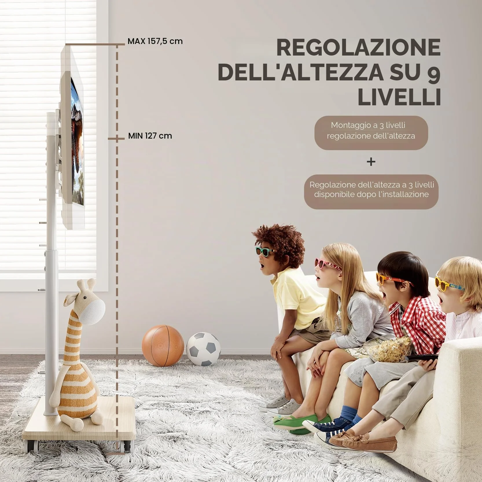 Supporto TV mobile per TV da 27 a 65 pollici, carrello TV portatile con ruote, grande supporto universale con supporto girevole, altezza regolabile per angolo camera da letto, esterno.