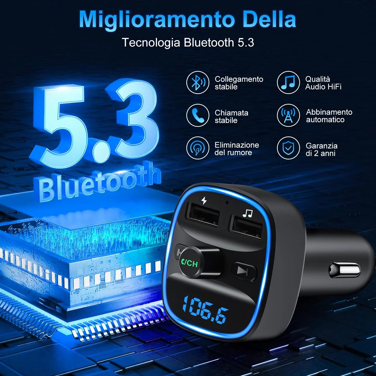 Trasmettitore FM Bluetooth 5.3 per Auto Radio, Adattatore Bluetooth Auto con 2 Porte USB, Kit Vivavoce MP3 Audio Lettore Caricabatterie Auto Supporto BT, Scheda TF, Disco USB