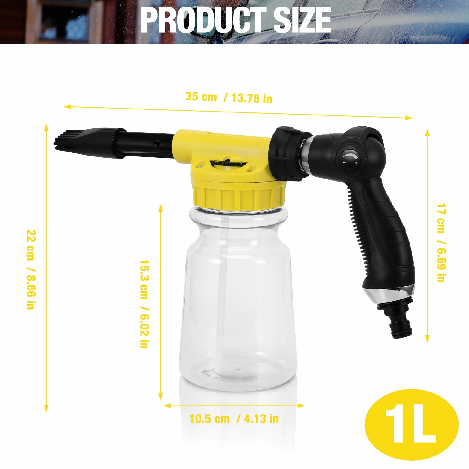 Foam Gun Car Wash 1000ml, 2 in 1 Lancia Schiuma Regolabile, Pistola Schiuma per Pulizia Auto Cannone Schiuma Attacco Tubo da Giardino per Pulizia Auto e Moto Giardini (Giallo)