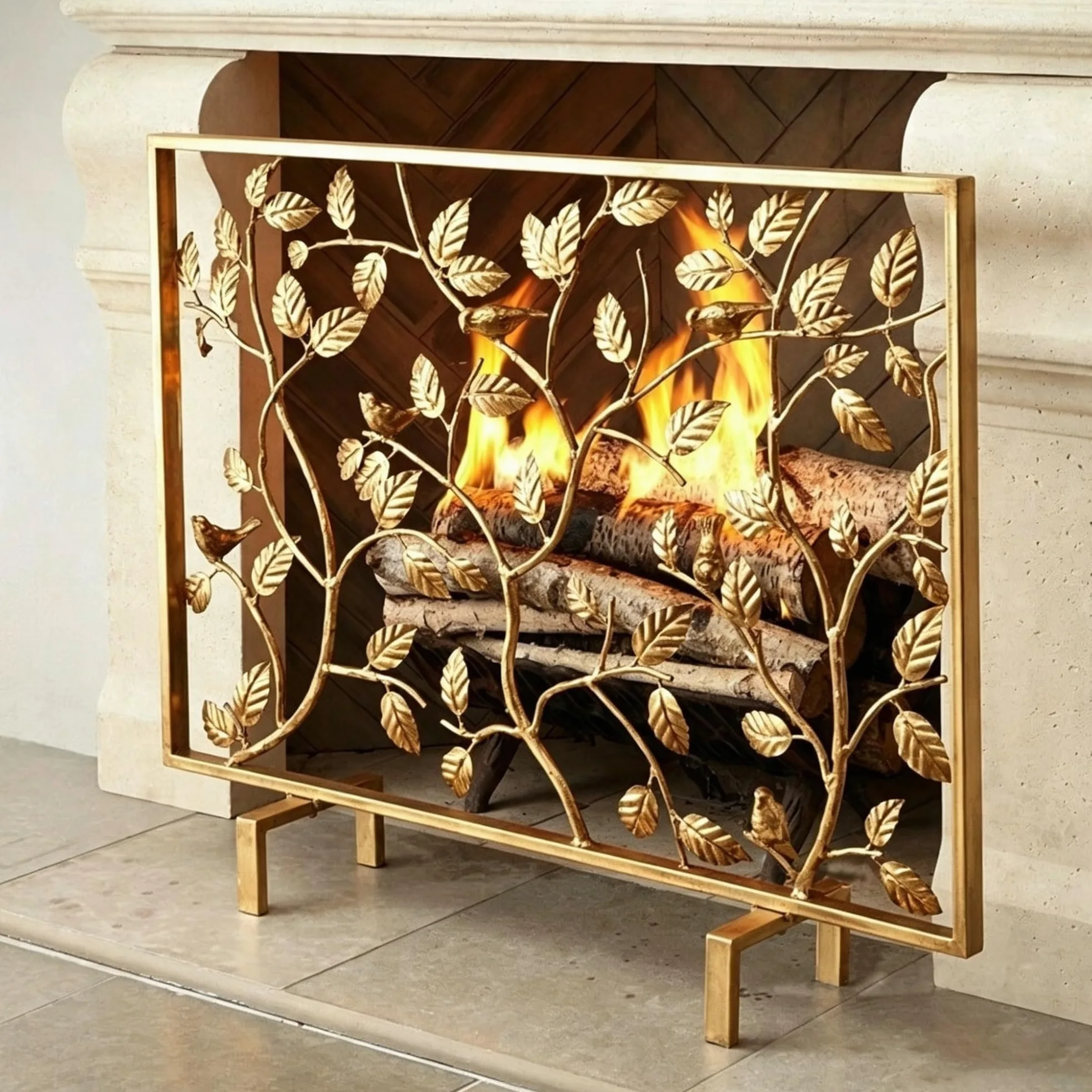 Parascintille Camino Dorato Con Motivo Foglie,parafuoco Rettangolare | Schermo Piatto In Rete Decorativa, Parascintille Stile Retrò, Per Soggiorno