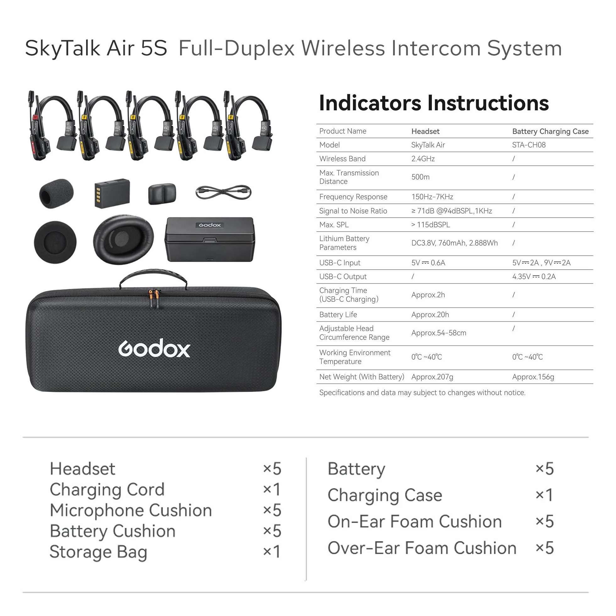 GODOX Skytalk AIR 5S - Sistema di cuffie interfono wireless 2,4 GHz Full Duplex Wireless Headset con gamma 1640FT/500M ENC Noise Cancellation Sistema di comunicazione di monitoraggio in tempo reale