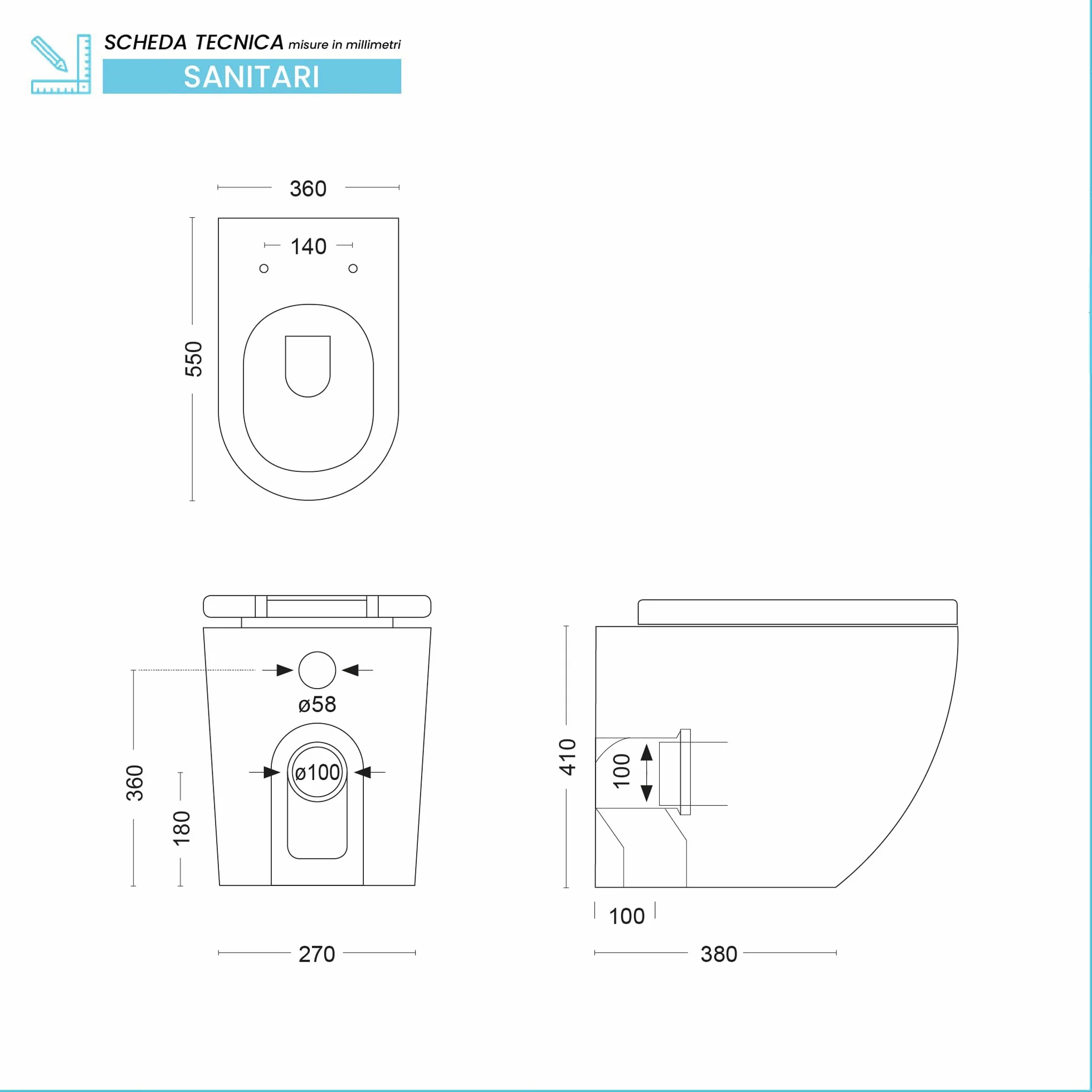 WC Filomuro Ceramica Nero Opaco Scarico Tornado Design Moderno