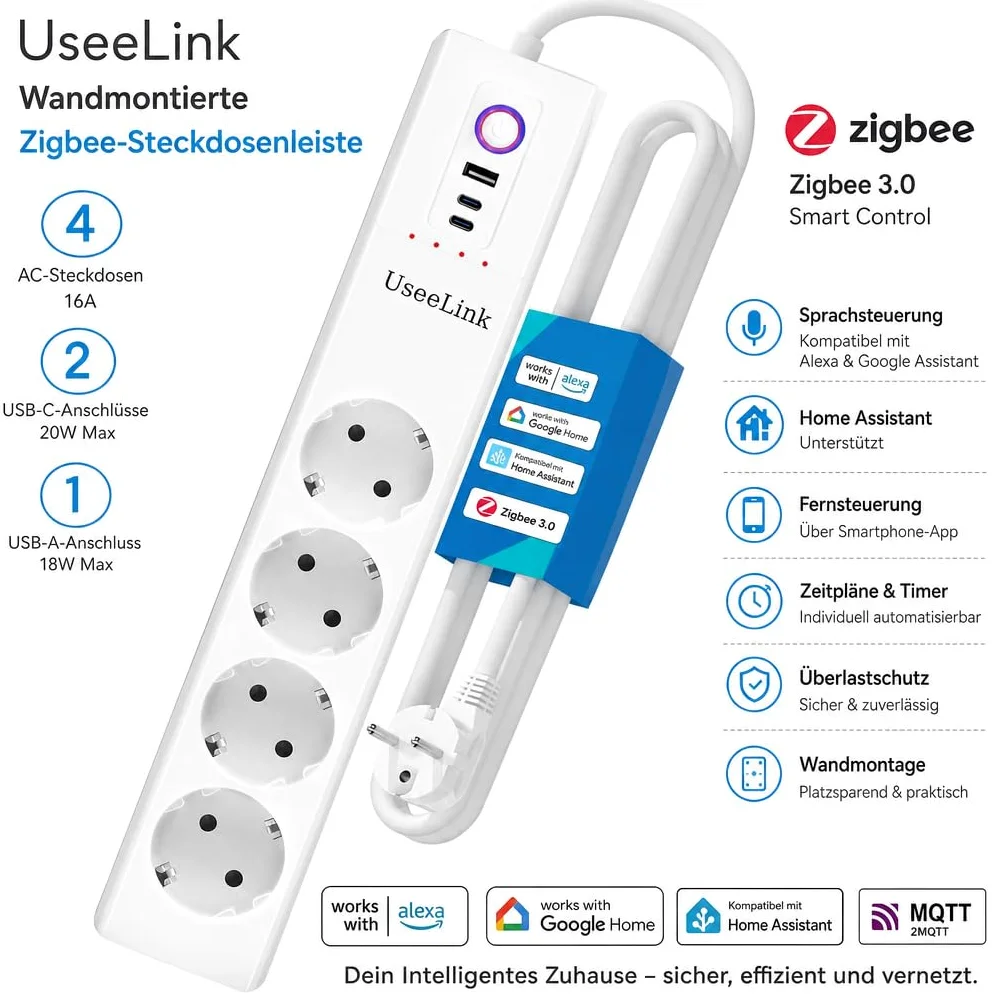UseeLink Zigbee protezione da sovratensione ciabatta 10A 4 prese CA interruttori individuali 2 protezione da sovraccarico timer USB nessun hub richiesto Certificato CE Bianco