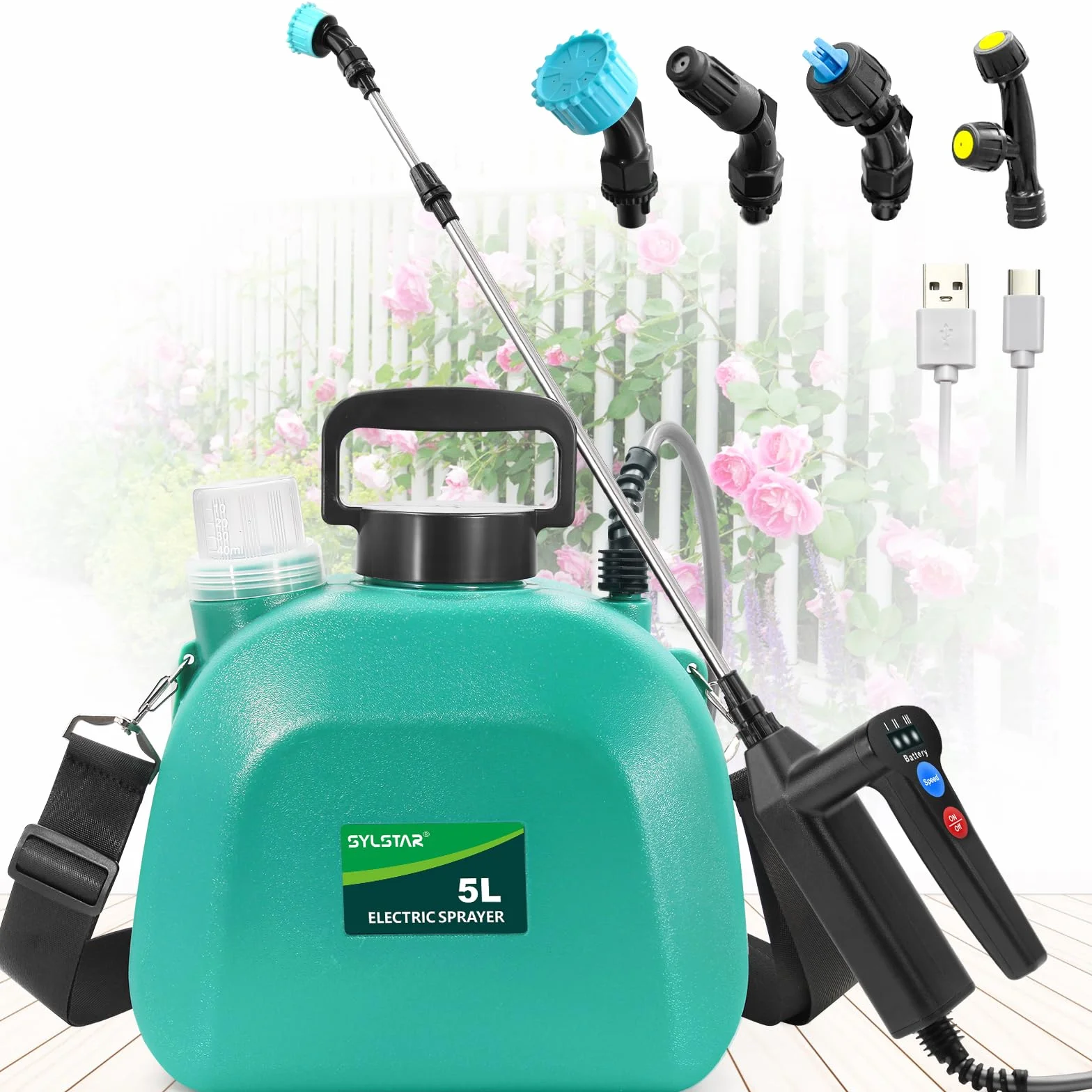SYLSTAR Pompa Irroratrice a Batteria da 5L, 3 Velocità di Pompa Irroratrice,7.4V Spruzzatore Forte con Indicatore di Batteria, 4 Ugelli Regolabili Nebulizzatore Piante per Giardino (Verde)