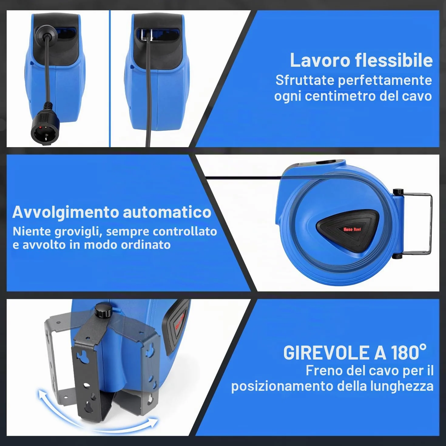 Fiqops Avvolgicavo automatico, 20 m + 1,5 m, montaggio a parete, girevole a 180°, avvolgicavo automatico per officina e stoccaggio, con funzione stop, avvolgicavo (spina singola)