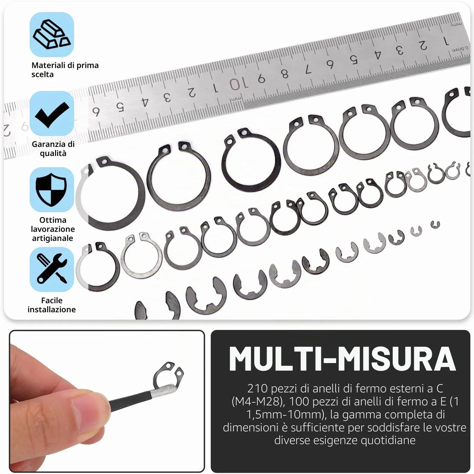 Glarks Assortimento 312 clip fissaggio a scatto acciaio 65mm, pinze anello esterno
