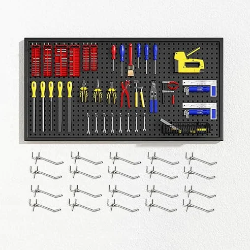 Pannello Forato in Metallo con Ganci per Attrezzi - 120x50 cm (47x20 Pollici) - Soluzione Versatile per riporre Gli Attrezzi in Garage, Resistenti Pannelli forati per Attrezzi e Accessori -