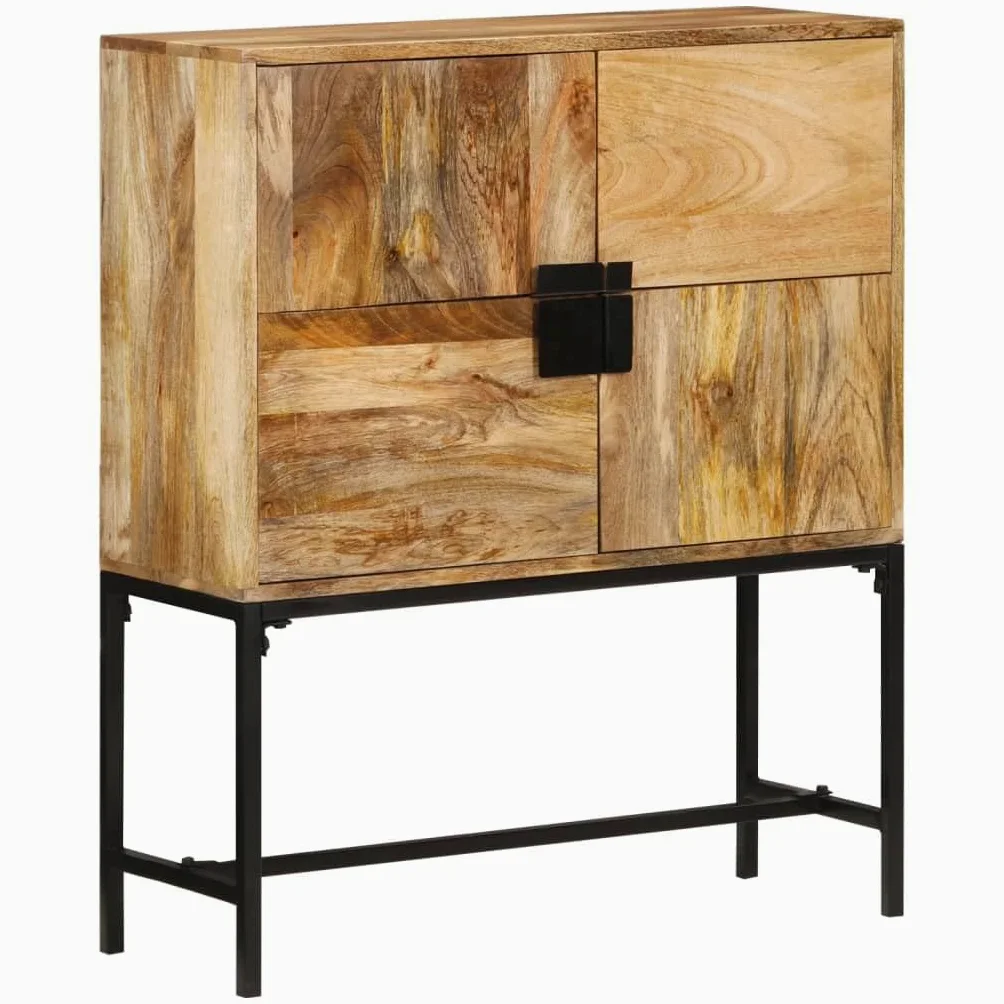 Armadietto alto in legno di mango massiccio con struttura in metallo, 80 x 30 x 95 cm, design vintage, per soggiorno, corridoio e camera da letto