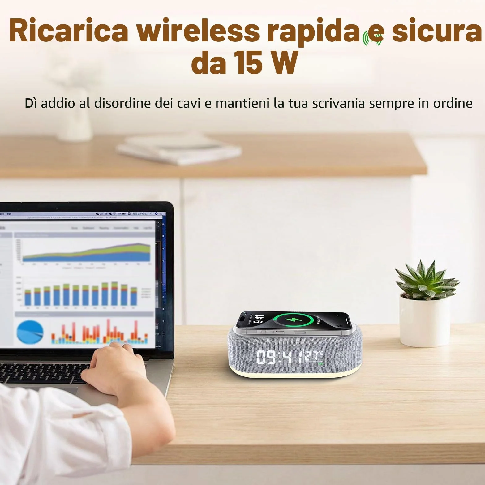 4 In1 Sveglia Digitale, Caricatore Wireless, Sveglia intelligente con orologio, termometro e luce LED, luminosità regolabile