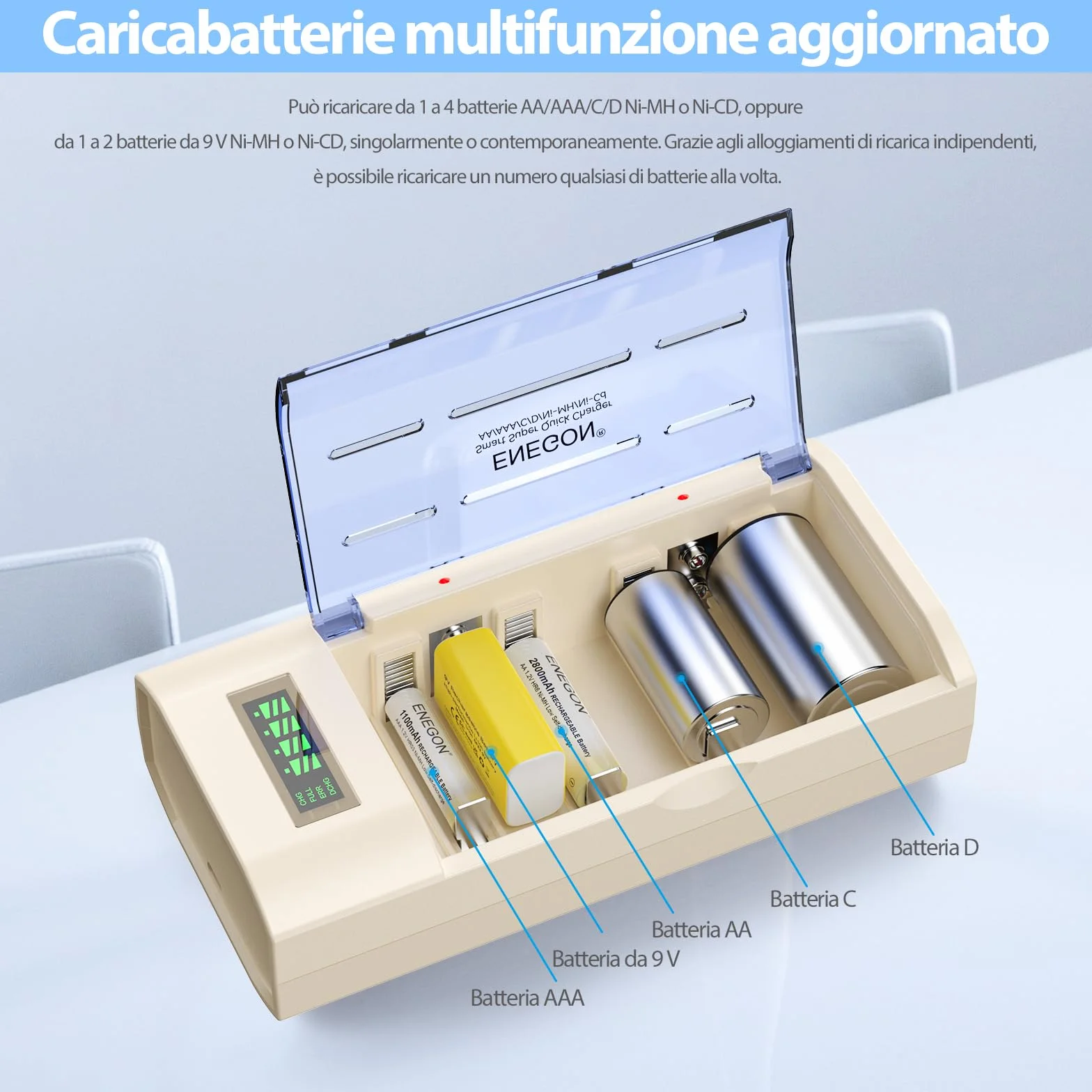 ENEGON Caricabatterie Universale per AA/AAA/C/D/9V NiMH/NiCD, con Display LCD, Funzione di Scarica e 4 Slot (Senza Adattatore)