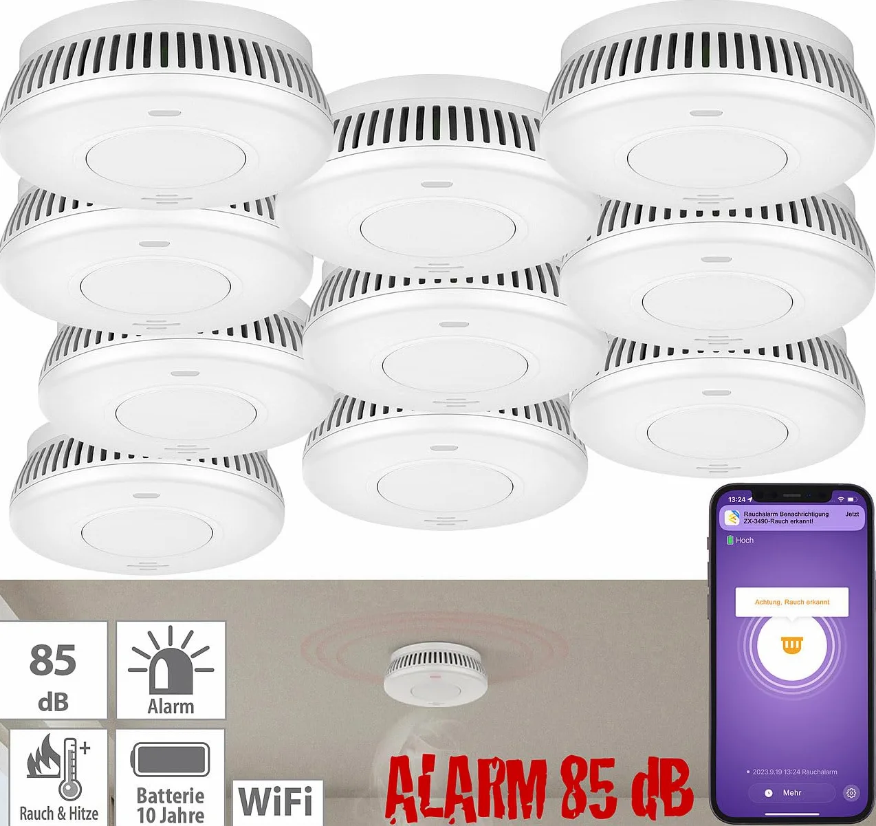 VisorTech sensori di rilevamento fumi: Set da 10 Rilevatore di fumo Wi-Fi, batteria integrata da 10 anni, 85 dB (allarme antincendio, rilevatore fumo wifi)
