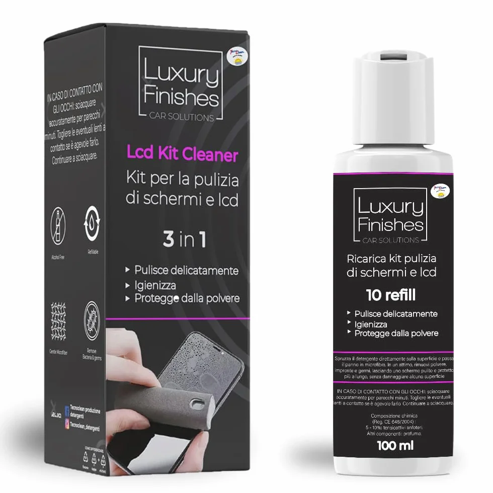 Luxury Finishes - Spray Pulitore Schermo, Auto, Smartphone, LCD, Touch screen, TV, Laptop, Monitor, pc, altri dispositivi elettronici, Igienizza e protegge dalla polvere - con ricarica 100 ml inclusa