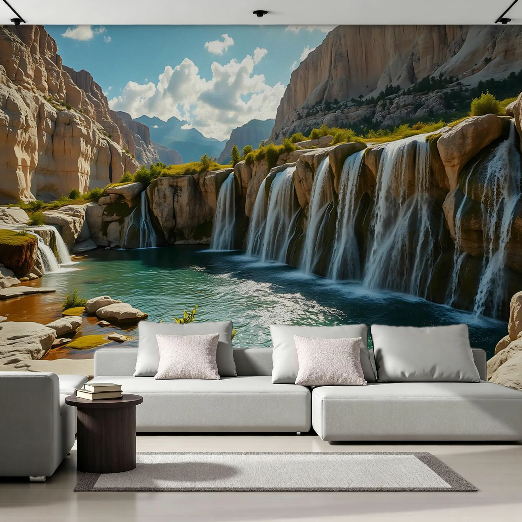 Carta da parati effetto 3D Cascata Montagna 300 x 210 cm Murale Non Tessuto Natura Paesaggio Fotomurale Stampa HD Moderna Poster Per Soggiorno E Camera Da Letto Design 2M1844