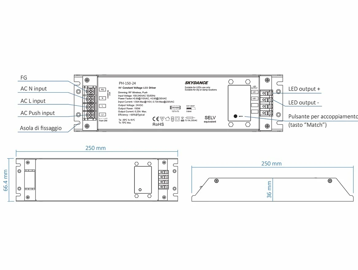 Trasformatore Alimentatore Dimmerabile 12V 150W con Pulsante N.O. Push Dimmer – Compatibile con Telecomando RF 2.4G (non incluso), Per Striscia LED 150V, Skydance PB-150-12