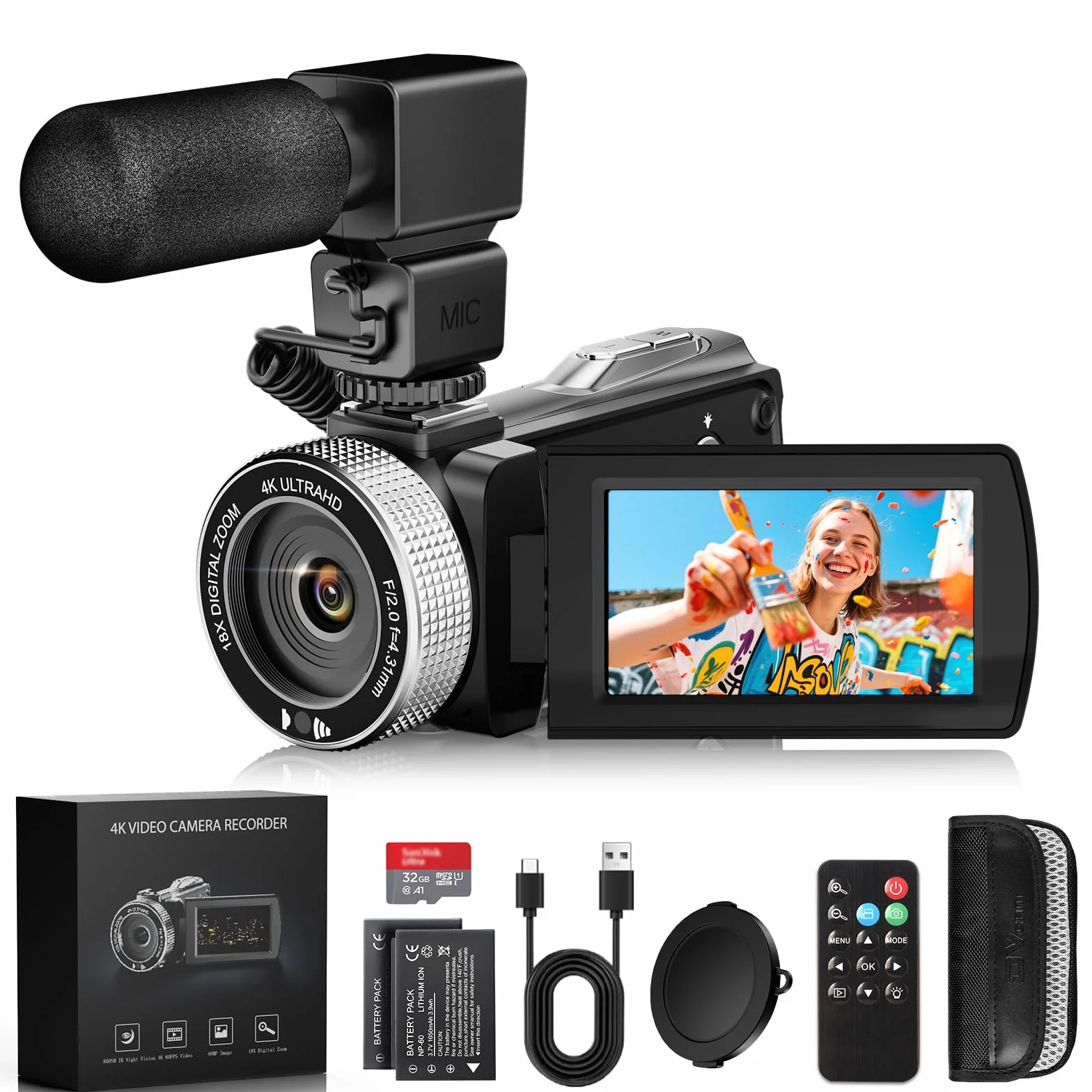 Videocamera 4K 48MP con Visione Notturna IR, Zoom Digitale 18X 3.0'' Rotazione 270° Touchscreen Vlogging Camera per YouTube, Camcorder con Telecomando, Microfono, Scheda TF da 32 GB, 2 Batterie