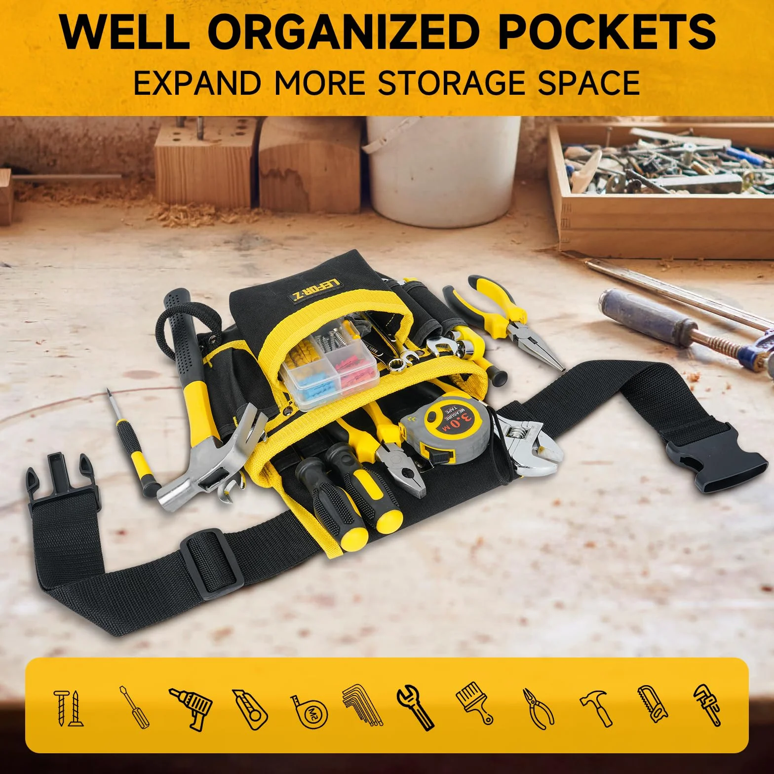 Cintura per Attrezzi da Lavoro Elettricista 13 Tasche Regolabile Imbottita Tasche Magnetiche Staccabili