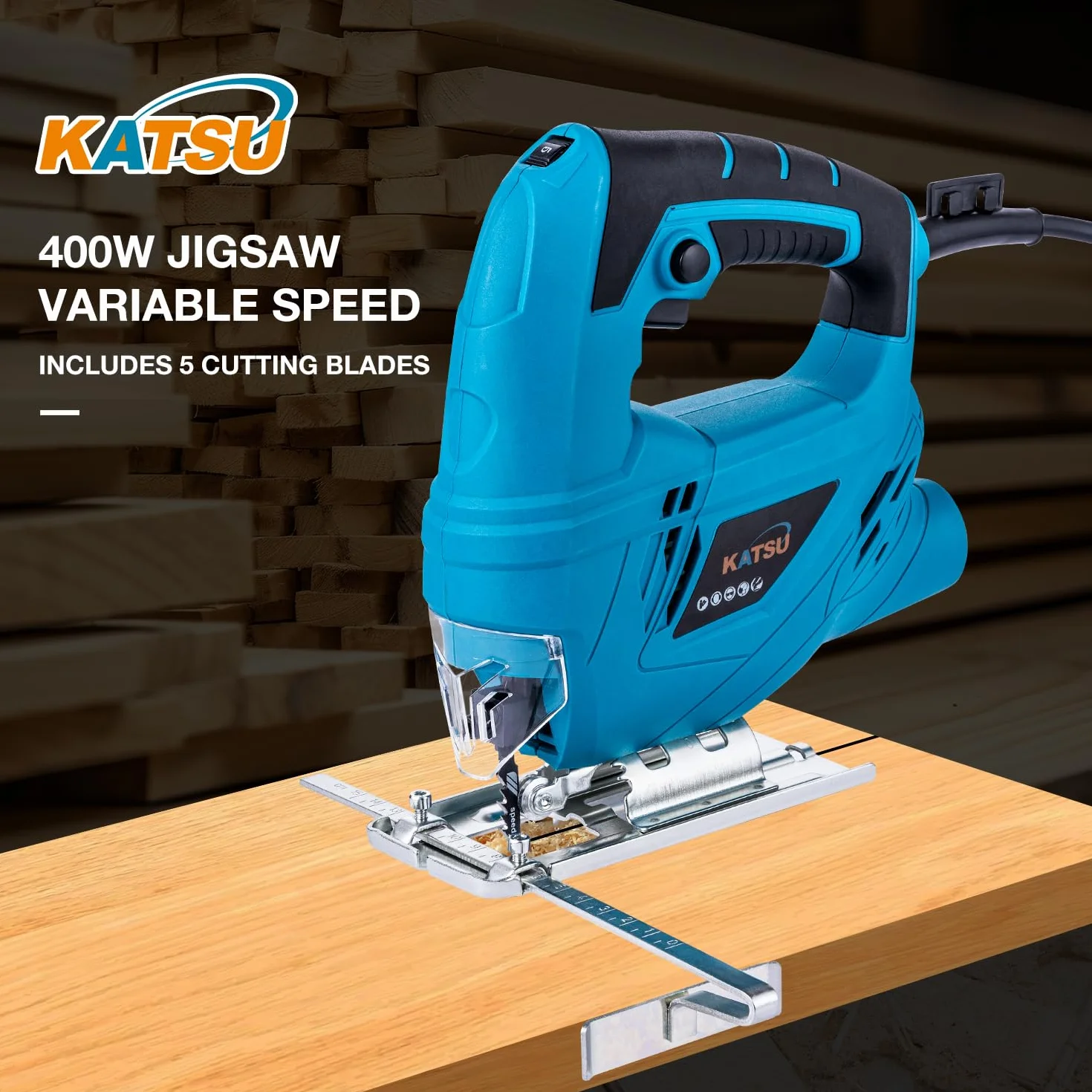 Seghetto Alternativo, KATSU 400W Seghetto Elettrico con 5 Lame, 0~3000 RPM, Angolo Regolabile ± 45°, Velocità Variabile, per Taglio di Plastica Legno Acciaio (Budget)