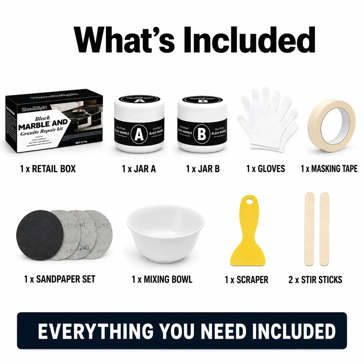 Kit Riparazione Piastrelle Nero, Colla per Ceramica, Stucco per Piastrelle, per Scheggiature, Crepe, Graffi su Granito, Marmo, Quarzo
