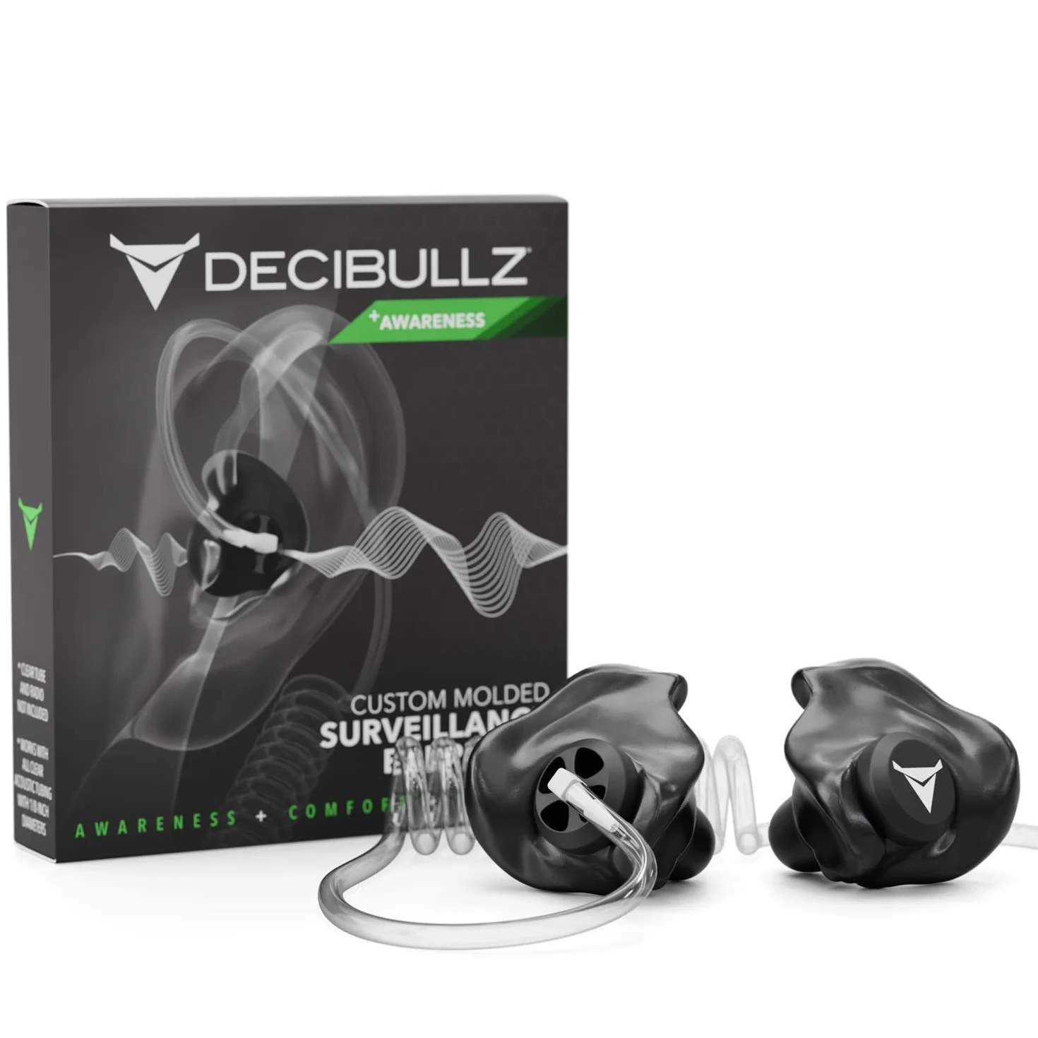 Decibullz Set di auricolari di sorveglianza bidirezionale di sicurezza modellati personalizzati, Thermo-Fit progettato per radio a tubo acustico trasparente | Modello: +Awareness