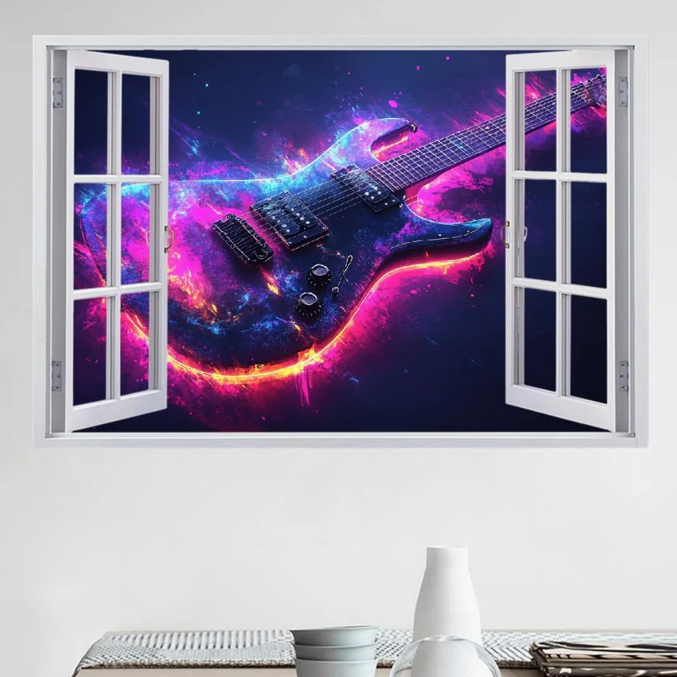 Decalcomanie da muro Art 3D Fracassato Chitarra Adesivi murali removibili Arte Astratta Carta da parati Camera da letto autoadesivo per ragazze Camera da letto Nursery Home Decor Gift