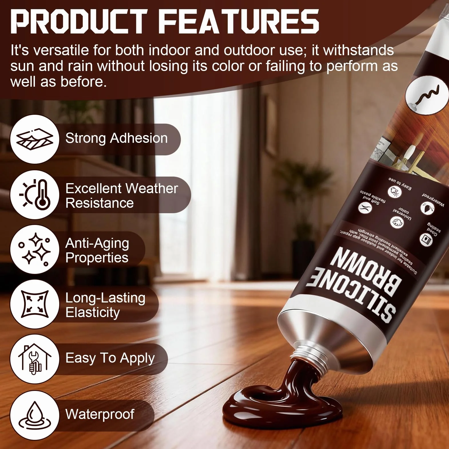 Silicone Marrone per Legno Esterno Impermeabile Resistente UV Giunti Crepe Davanzali Porte 100ml