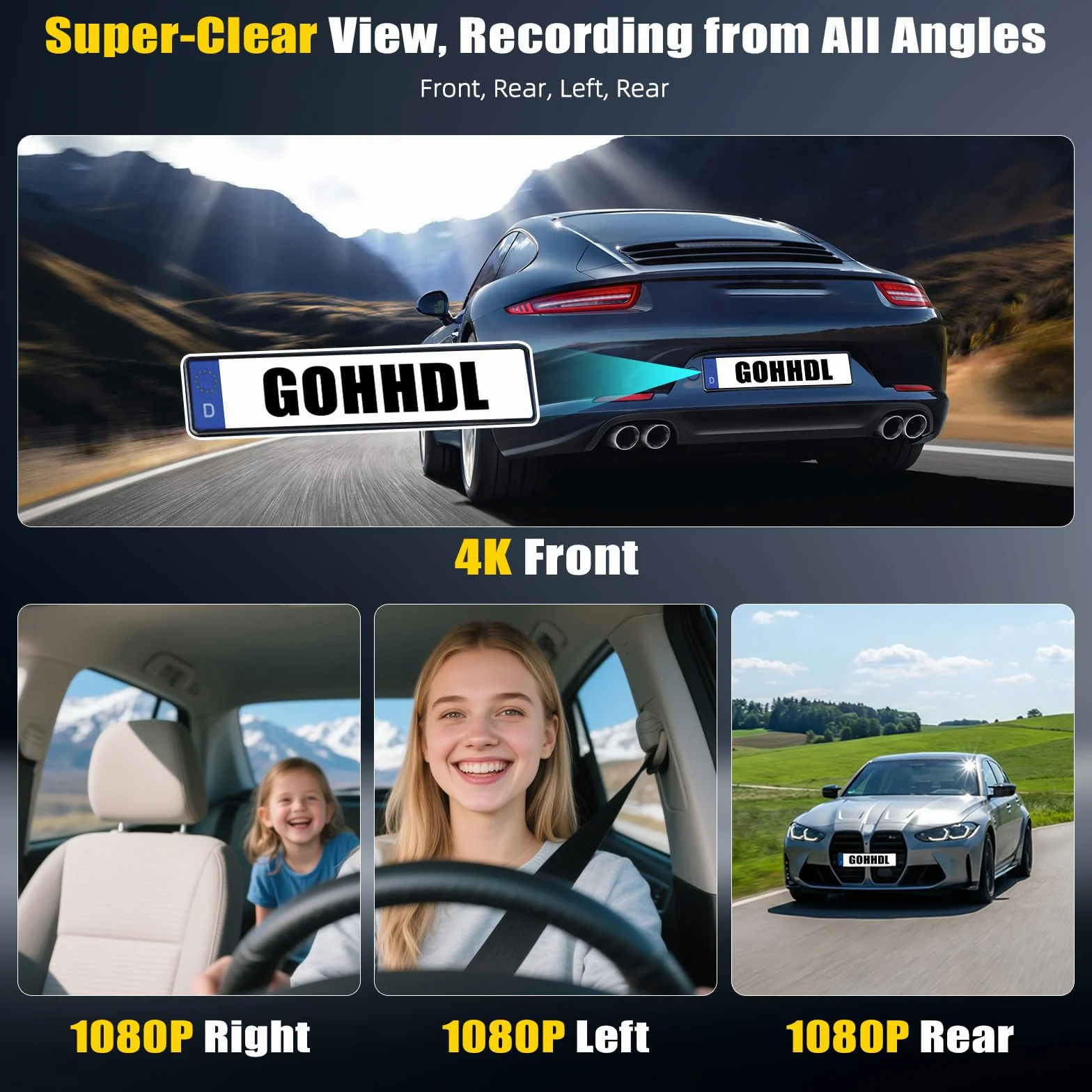 4K 360° Dash Cam Auto con GPS, Videocamera per Auto con Grandangolo 150°, Visione Notturna Super, Monitoraggio del Parcheggio, Sensore G, Registrazione in Loop, APP, Assistenza alla Retromarcia