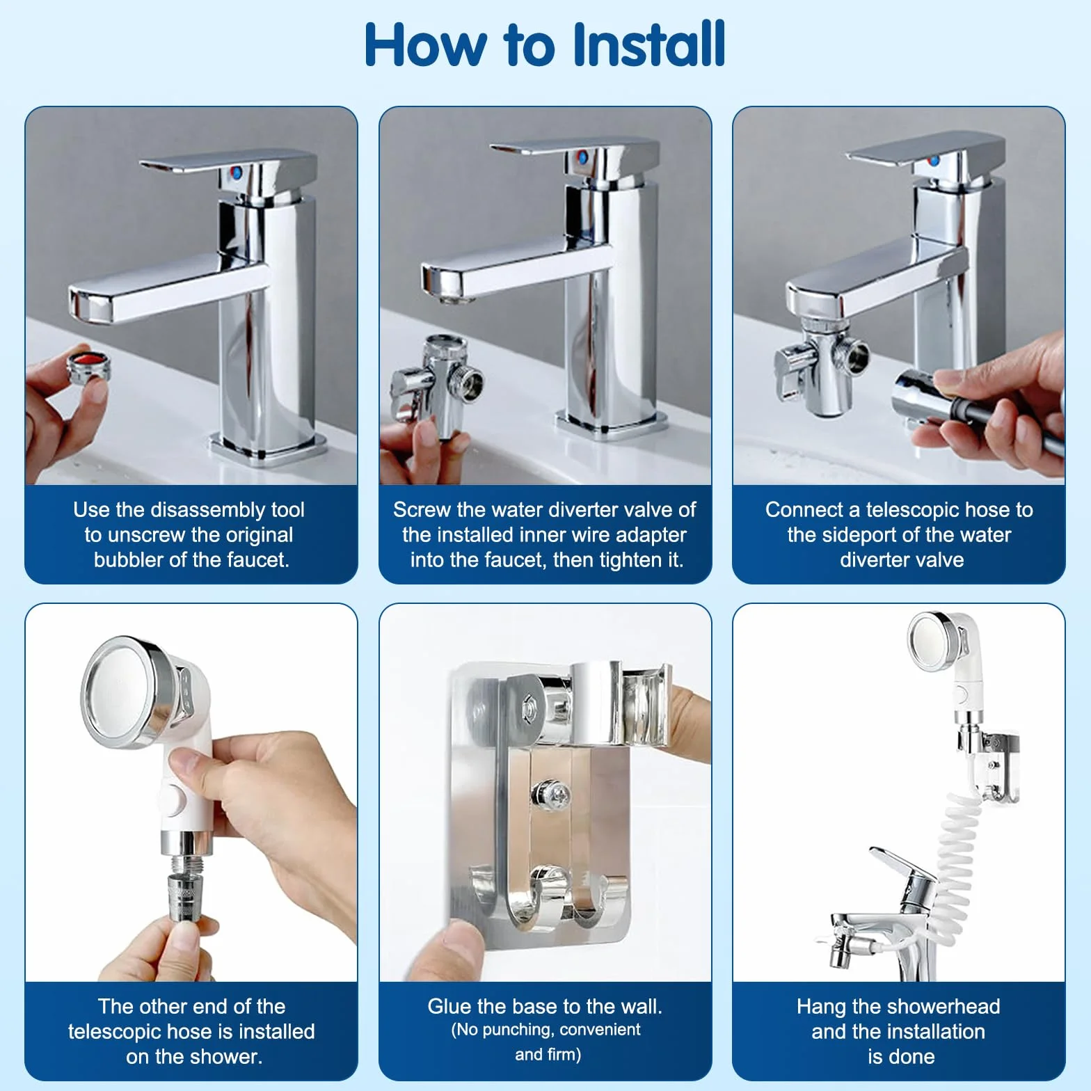 Doccetta per Lavandino Bagno con Tubo Estensibile 3M Set Soffione Doccia 6 Adattatore