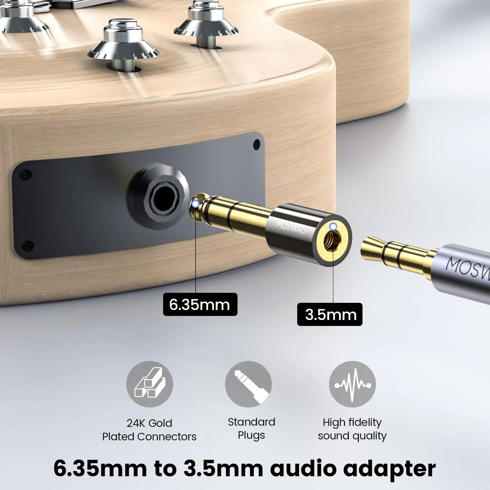 MOSWAG Adattatore jack, adattatore audio jack da 3,5 femmina a 6,3 maschio, convertitore 6,35 mm a 3,5 mm per cavo chitarra, telefono, computer desktop (2 confezioni)