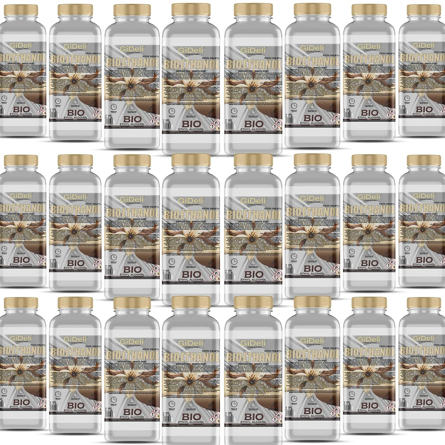 GiDeli bioetanolo 24 x 1 l profumo di vaniglia 96,6% etanolo per camini interni ed esterni, senza fumo e fuliggine, da mais e barbabietola da zucchero