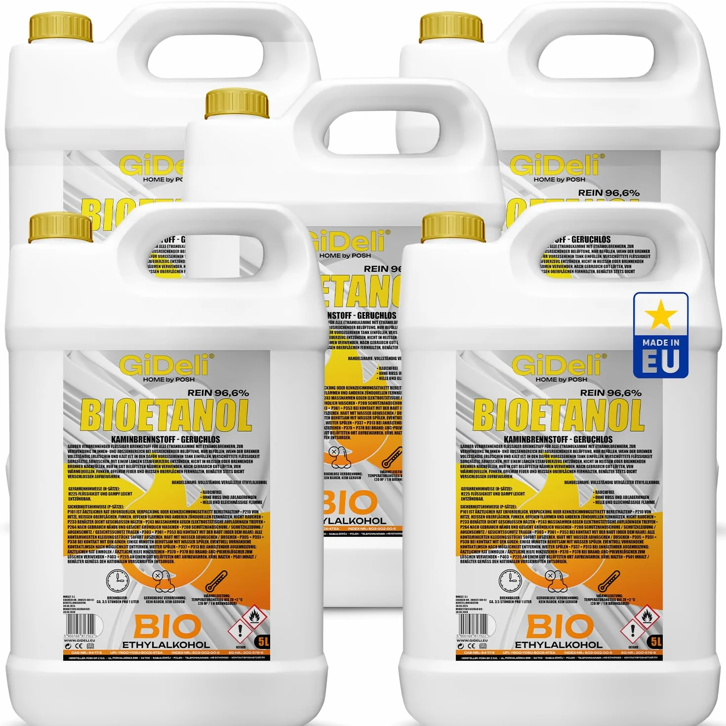 GiDeli Bioetanolo 25L Etanolo 96,6% Bio Alcool Inodore e Pulito da Bruciare per Camini Interni ed Esterni