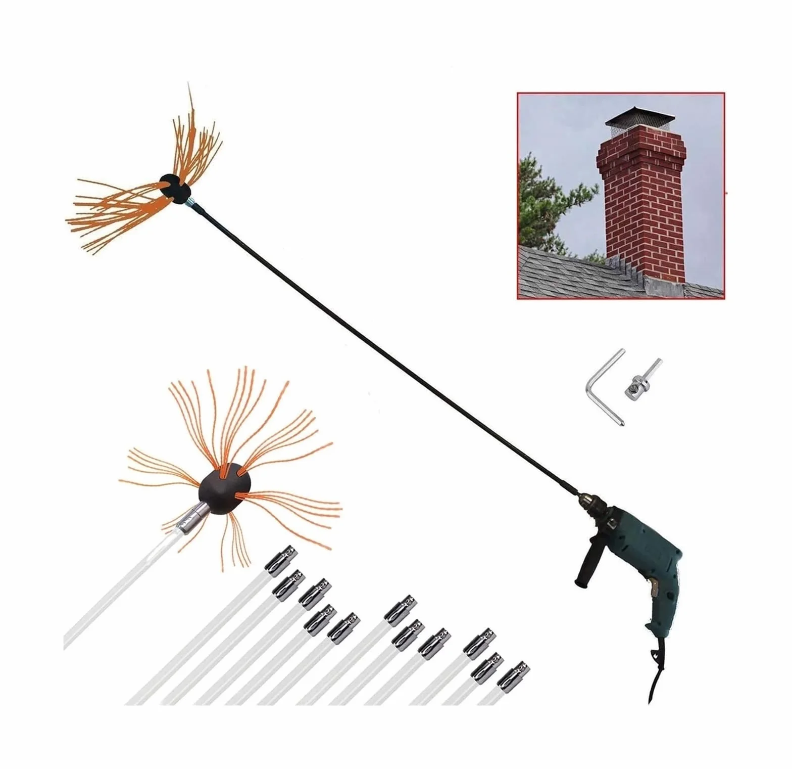 GOUJIAN Spazzola Canna Fumaria Kit Spazzacamino Nylon Spazzola Pulizia Camino Canna Fumaria 8M Canna Fumaria Spazzola Kit Pulizia Camino