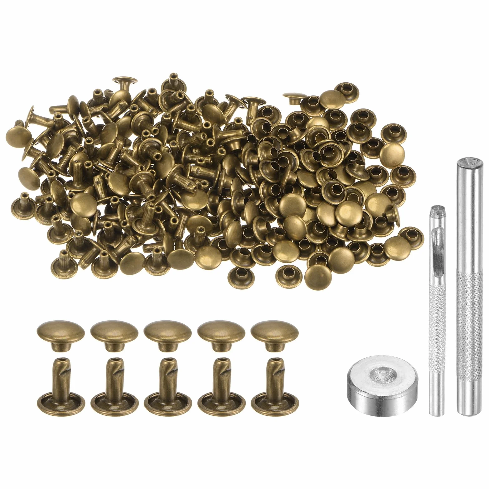 QUARKZMAN 100 Set Rivetti in Pelle 8x8mm Elementi Fissaggio Borchie Doppio Cappuccio Metallo Strumenti Impostazione Artigianato Tono Bronzo