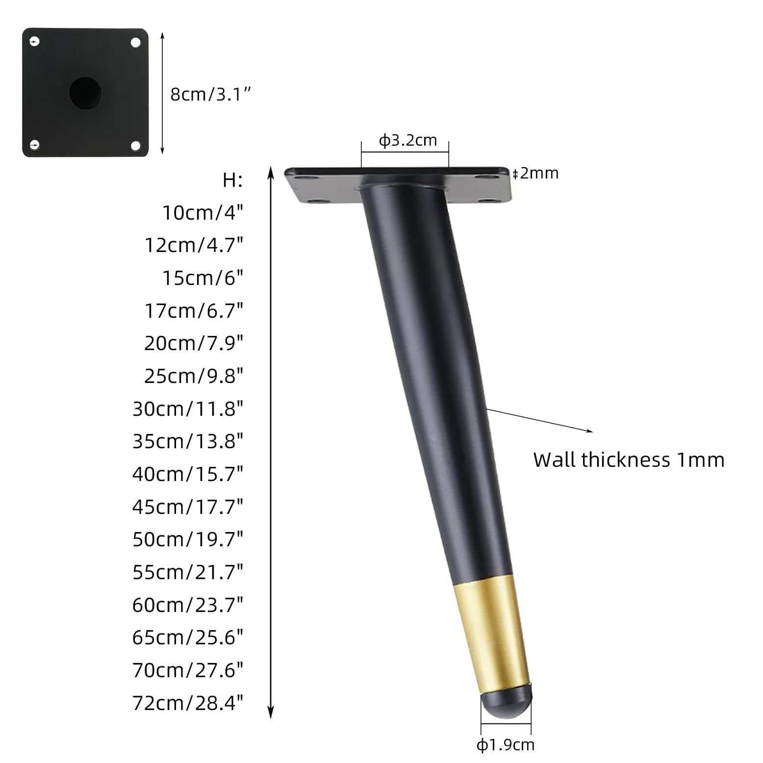 Generico Gambe per Mobili Nero 4 Pezzi Supporto Piedini Conici per Tavolo Acciaio Laminato A Freddo Vernice Spray Piedini per Divano Altezza: 10-72 cm Piedini per Mobile Oro 40 cm/15,7"