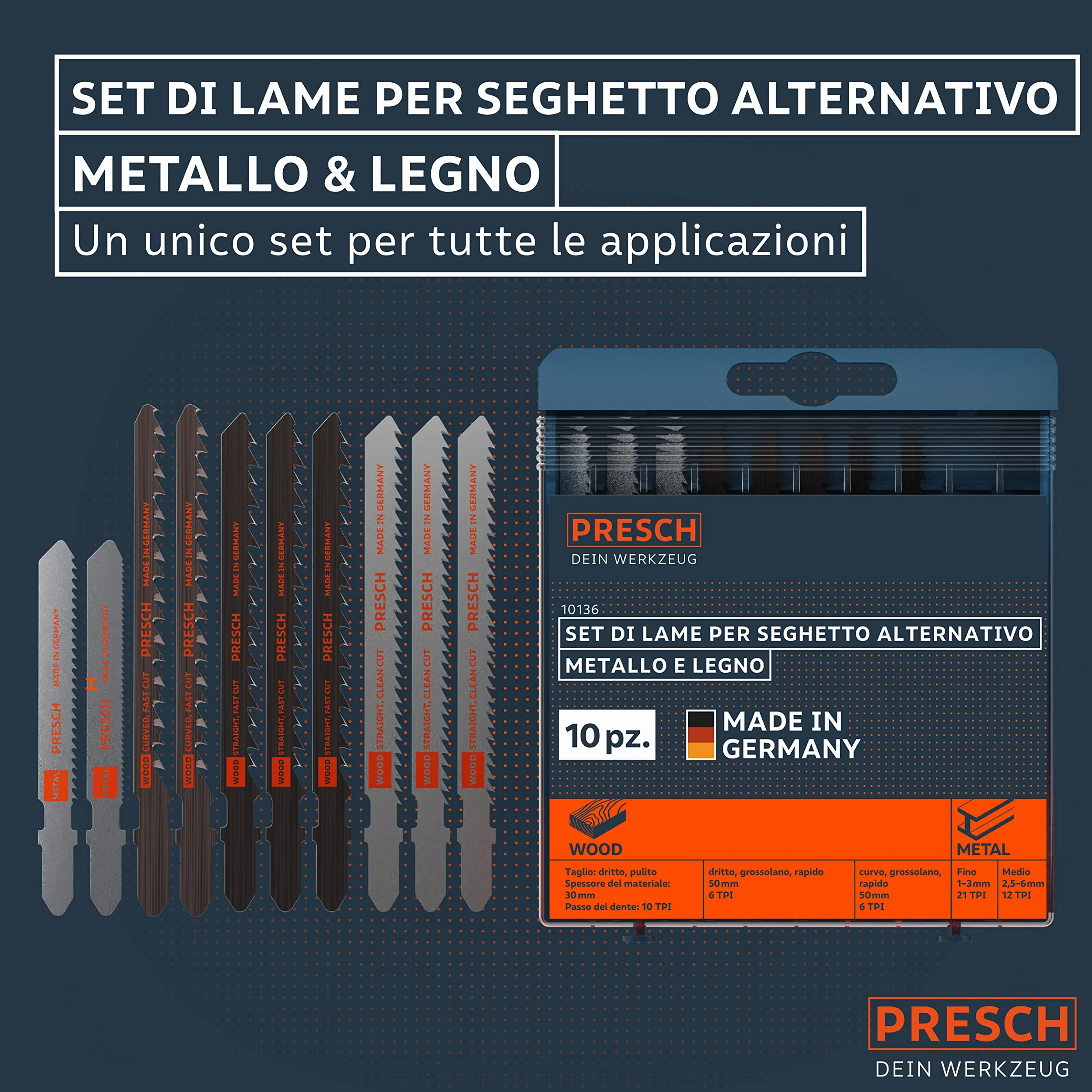 Presch Set di lame seghetto alternativo Metallo e Legno 10 pz. - Un unico set di lame per seghetto con codolo a T alternativo per tutte le applicazioni