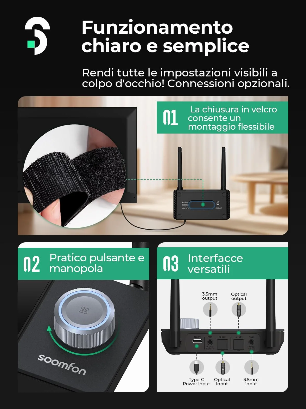 SOOMFON 3 in 1 Adattatore Audio Bluetooth 5.3, Trasmettitore/Ricevitore/Bypass Bluetooth 5.3 con doppia antenna & LCD Display 1.8 pollici, per TV, Cuffie, PC, HiFi, Casse, Aux/Ottico/RCA, Nero