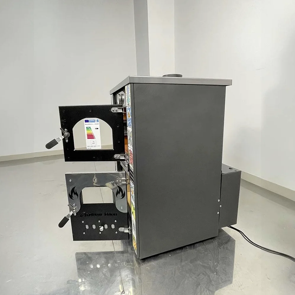 Stufa a Legna Termo ventilata con Forno - Esmeralda Maioliche di Caltagirone - Potenza Riscaldamento 25 Kw, Stufa A Legna Economica in Acciaio Verniciato Antracite, Forno in Mattoni Refrattari