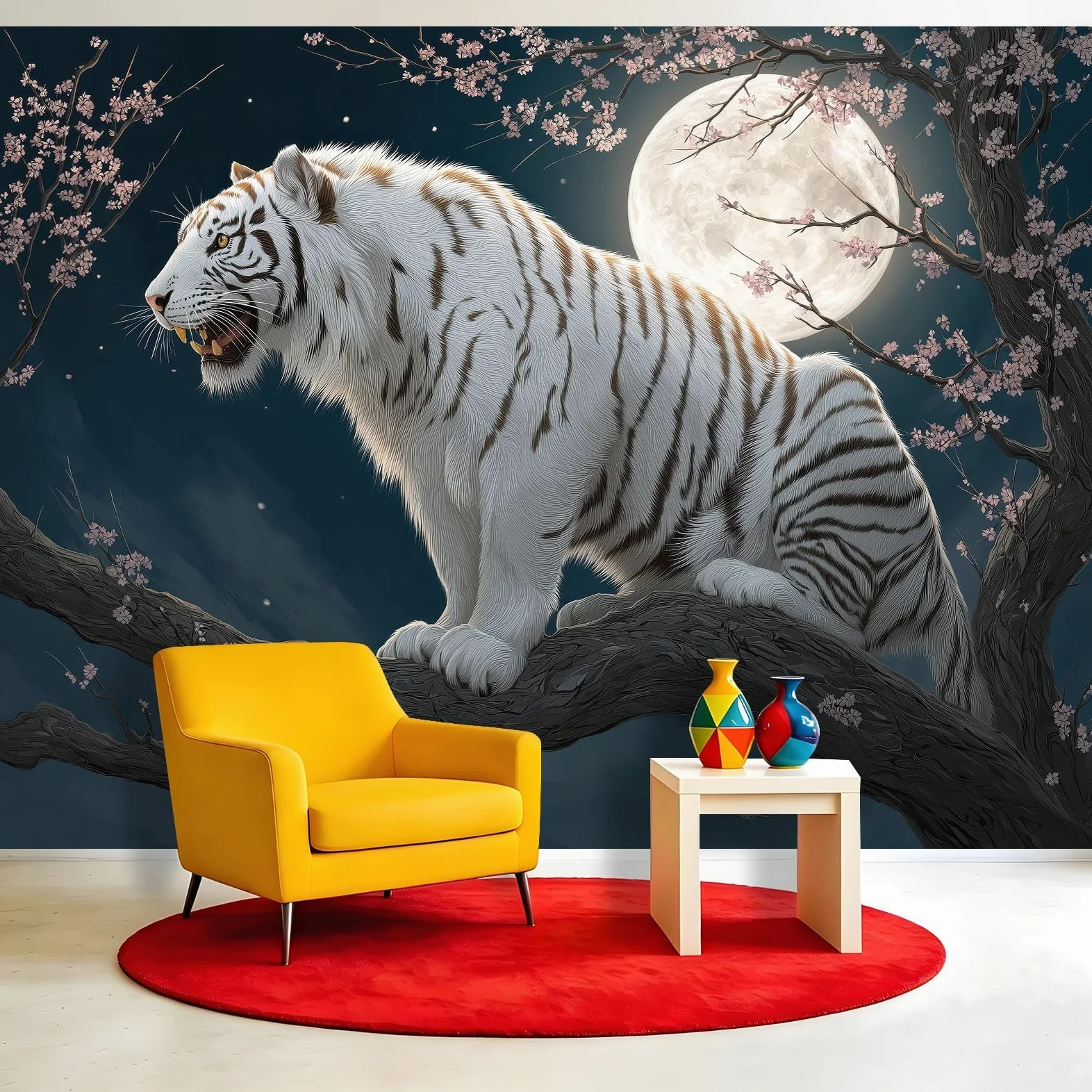Carta da parati panoramica in tessuto non tessuto, fantasia animali, 350 x 256 cm, decorazione per soggiorno e camera da letto, effetto 3D, luna piena, fiori rami cielo notturno