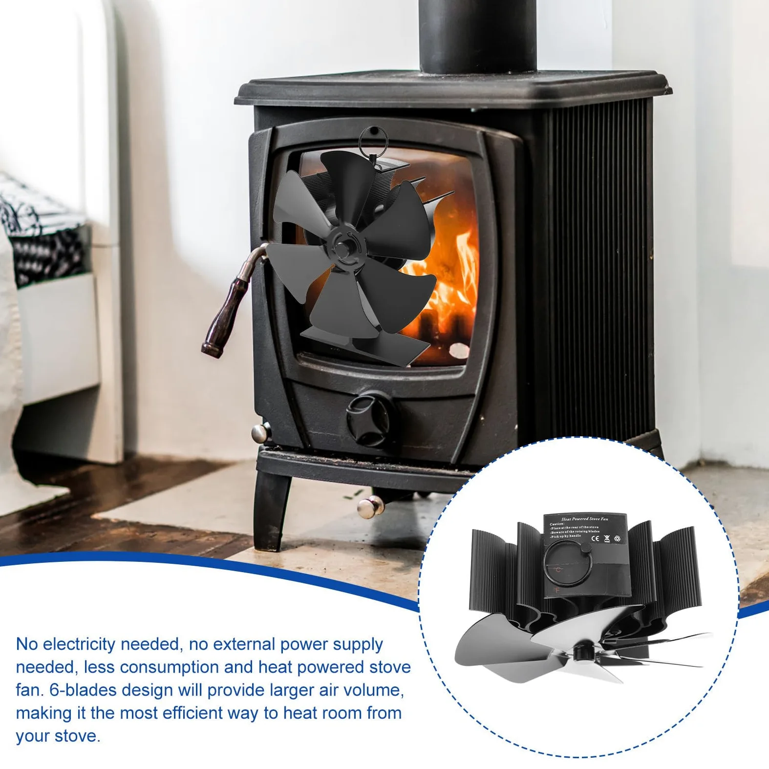 BESTYASH Ventilatore Termico per Stufa a Legna 6 Pale Nero Alluminio | Stufa Termoventilatore senza Elettricità, Ventilatore per Stufa Legna, Atmosfera Estiva